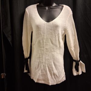 Hannah White V-Neck Sweater with Black Ties
